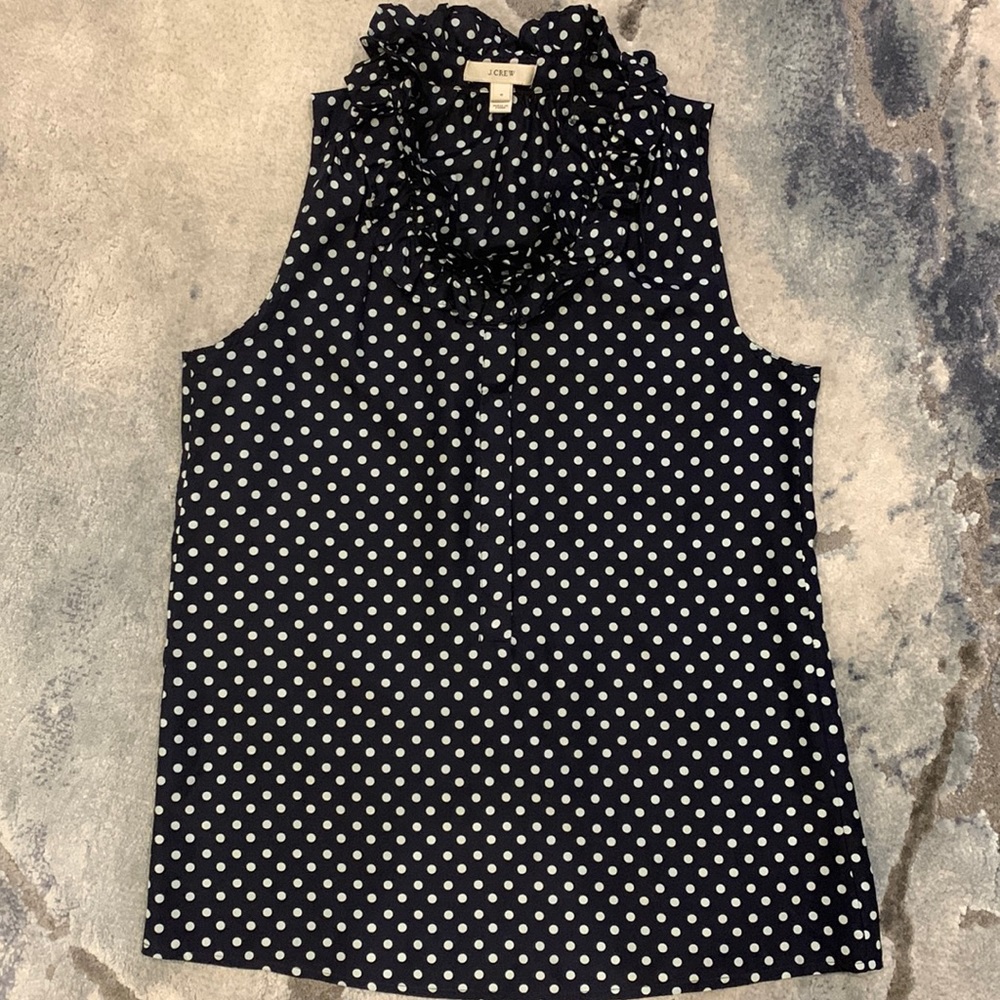 J. Crew Polka Dot Sleeveless Ruffle Collar Silk Blouse Sz 0